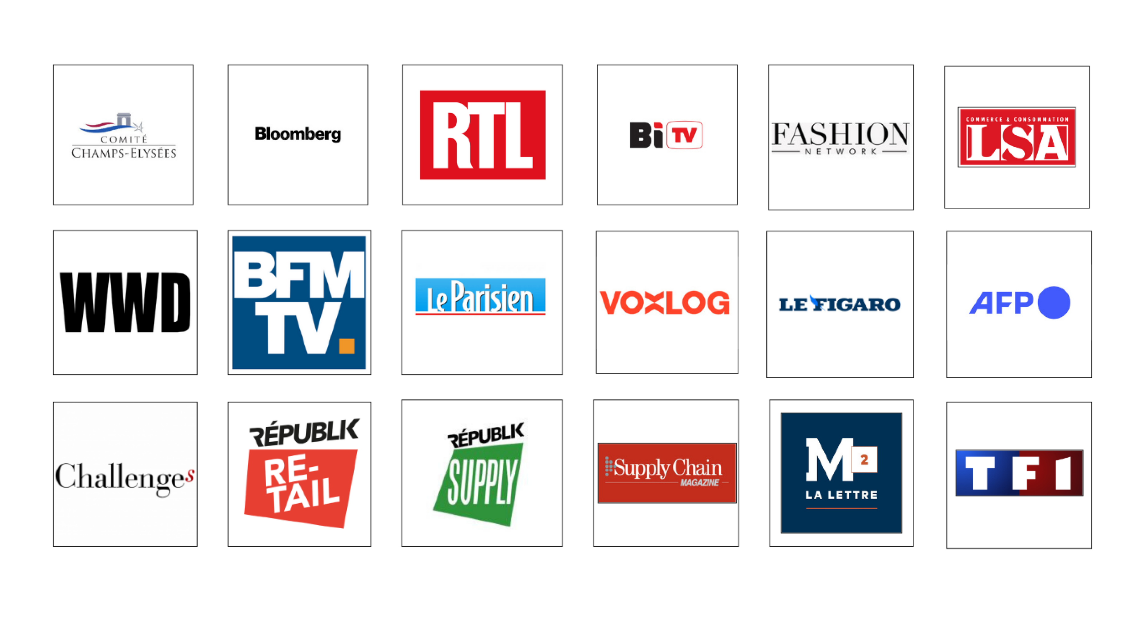 Grille des logos de médias nationaux et internationaux ayant couvert l'actualité de l'Atelier Logistique, incluant Le Figaro, Bloomberg, BFM TV, RTL, Challenges et TF1.