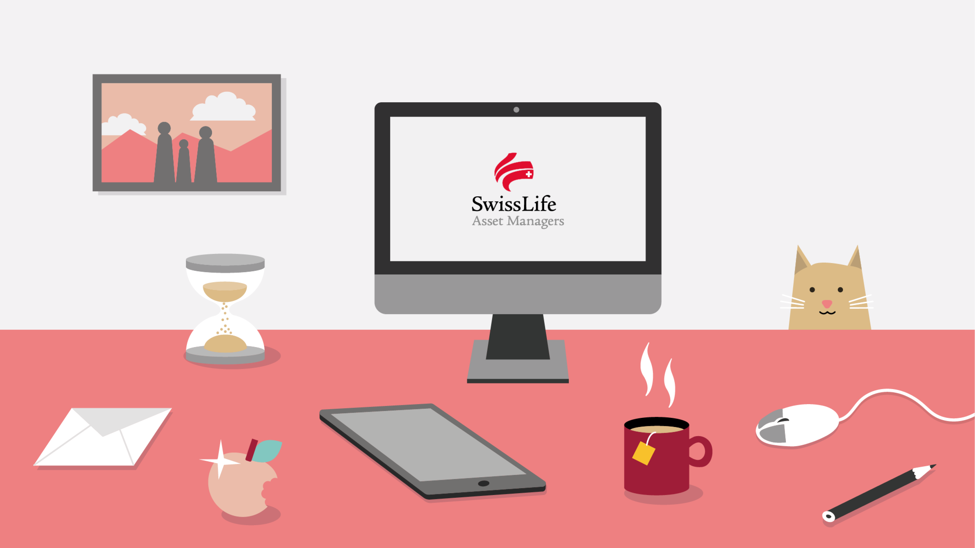 Illustration d'un bureau de travail organisé avec un écran affichant le logo Swiss Life, un sablier et une tasse de thé, symbolisant l'équilibre vie pro/vie perso.