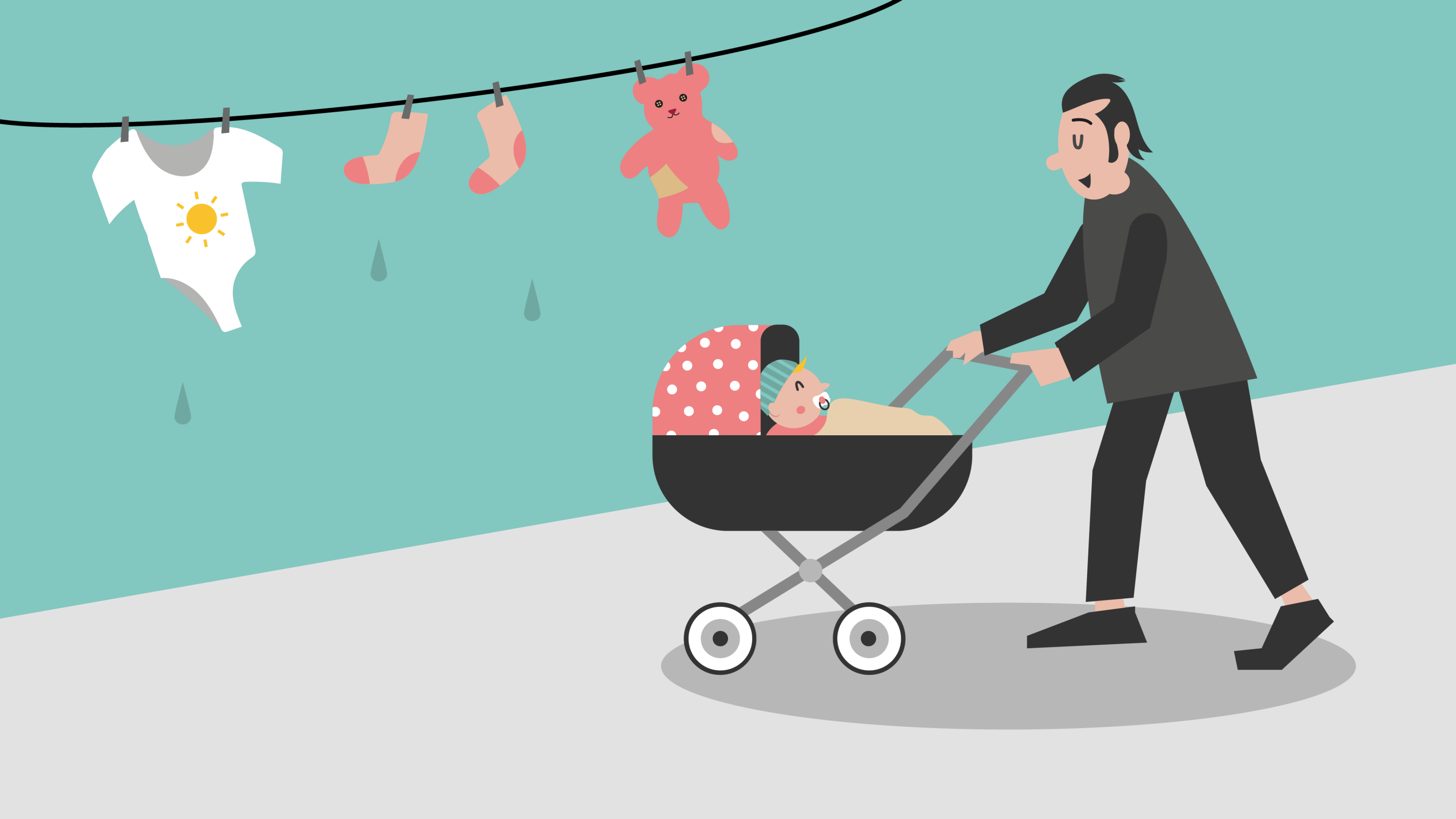 Illustration d'un parent poussant un landau sous une guirlande de vêtements de bébé, symbolisant le soutien à la parentalité et les congés maternité/paternité.