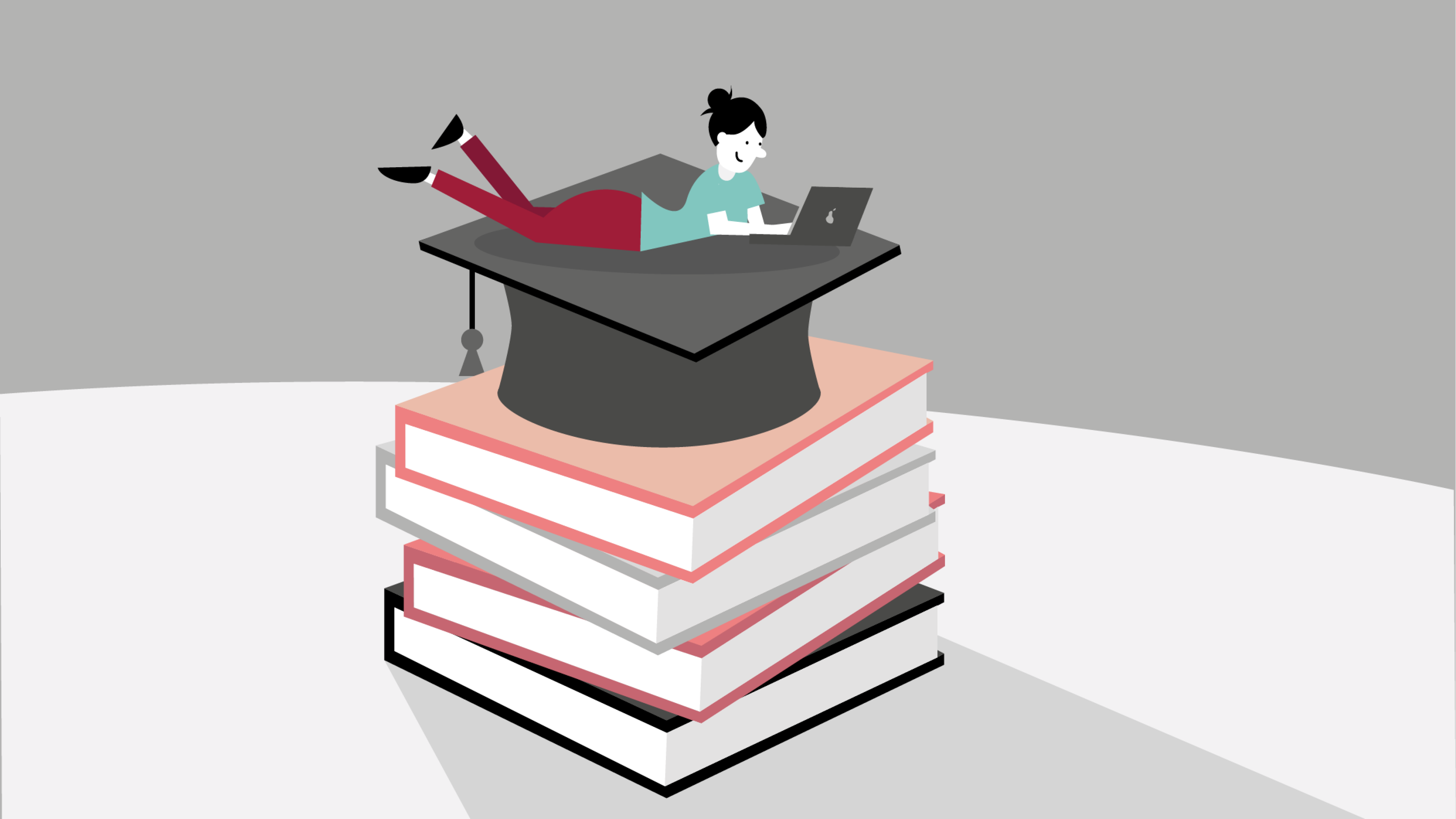 Illustration d'une collaboratrice assise sur une pile de livres géants, surmontée d'un mortier de diplômé, symbolisant la formation continue et l'évolution de carrière.