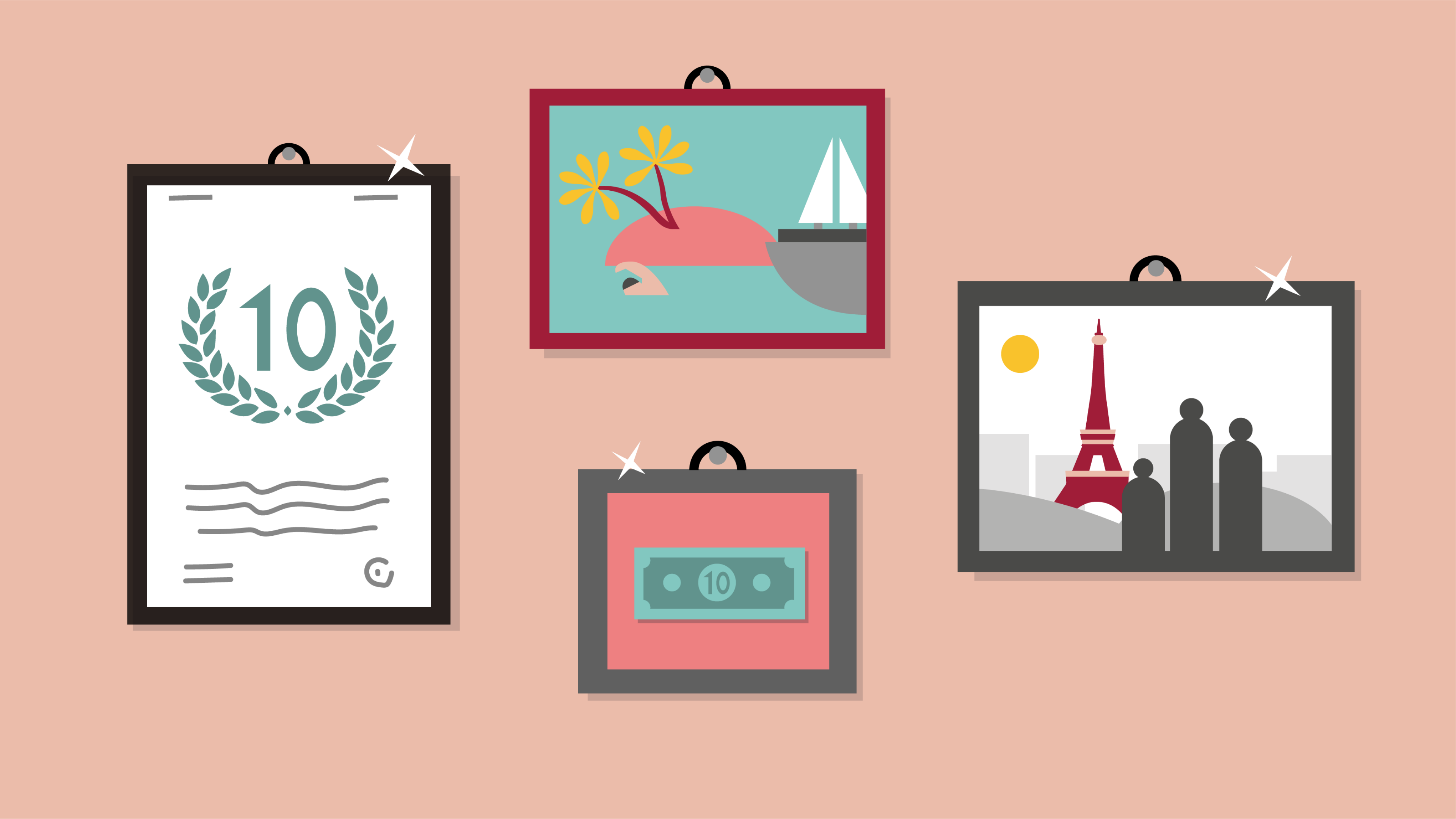 Illustration d'un mur décoré de cadres affichant des récompenses, des paysages et des moments de vie, symbolisant un environnement de travail équilibré et gratifiant.