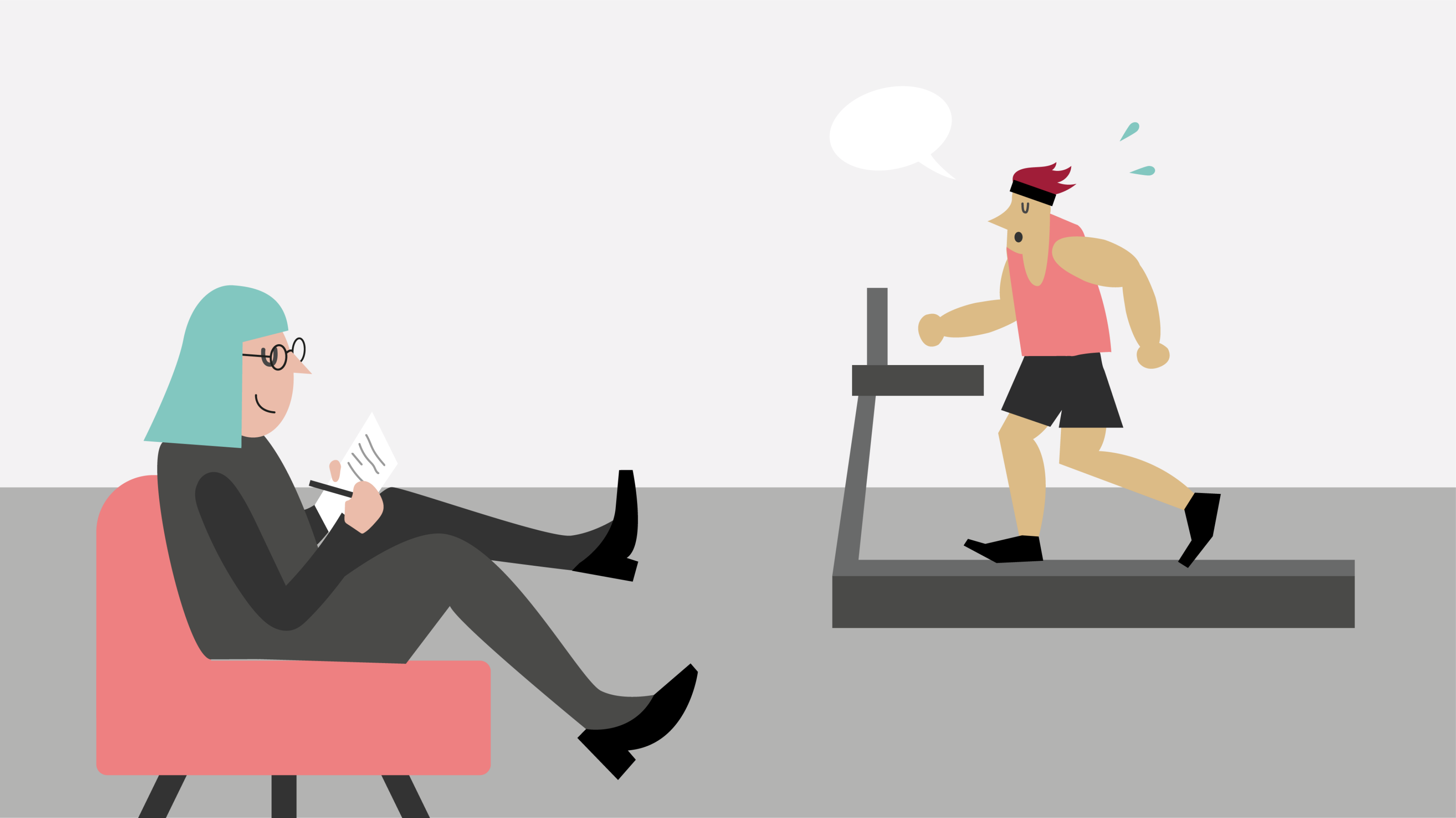 Illustration d'une personne prenant des notes face à un sportif sur un tapis de course, symbolisant le coaching santé et la protection sociale.