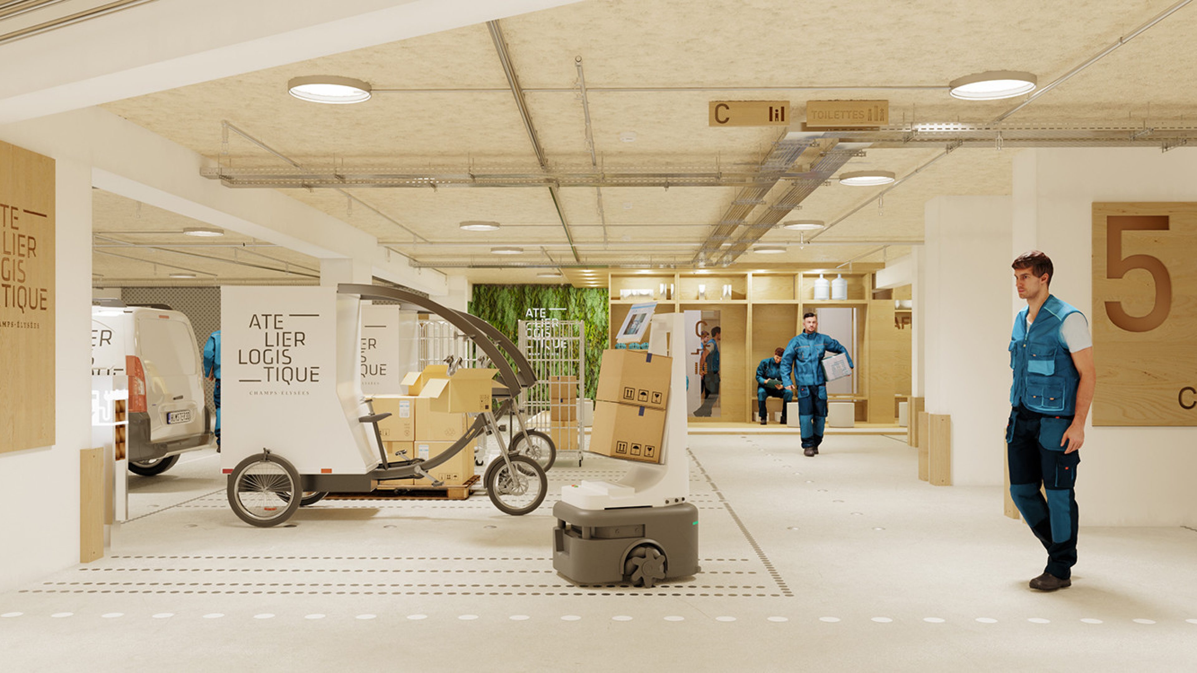 Vue d'un entrepôt logistique moderne et lumineux avec un robot de transport autonome, des vélos-cargos et du personnel en tenue de travail.