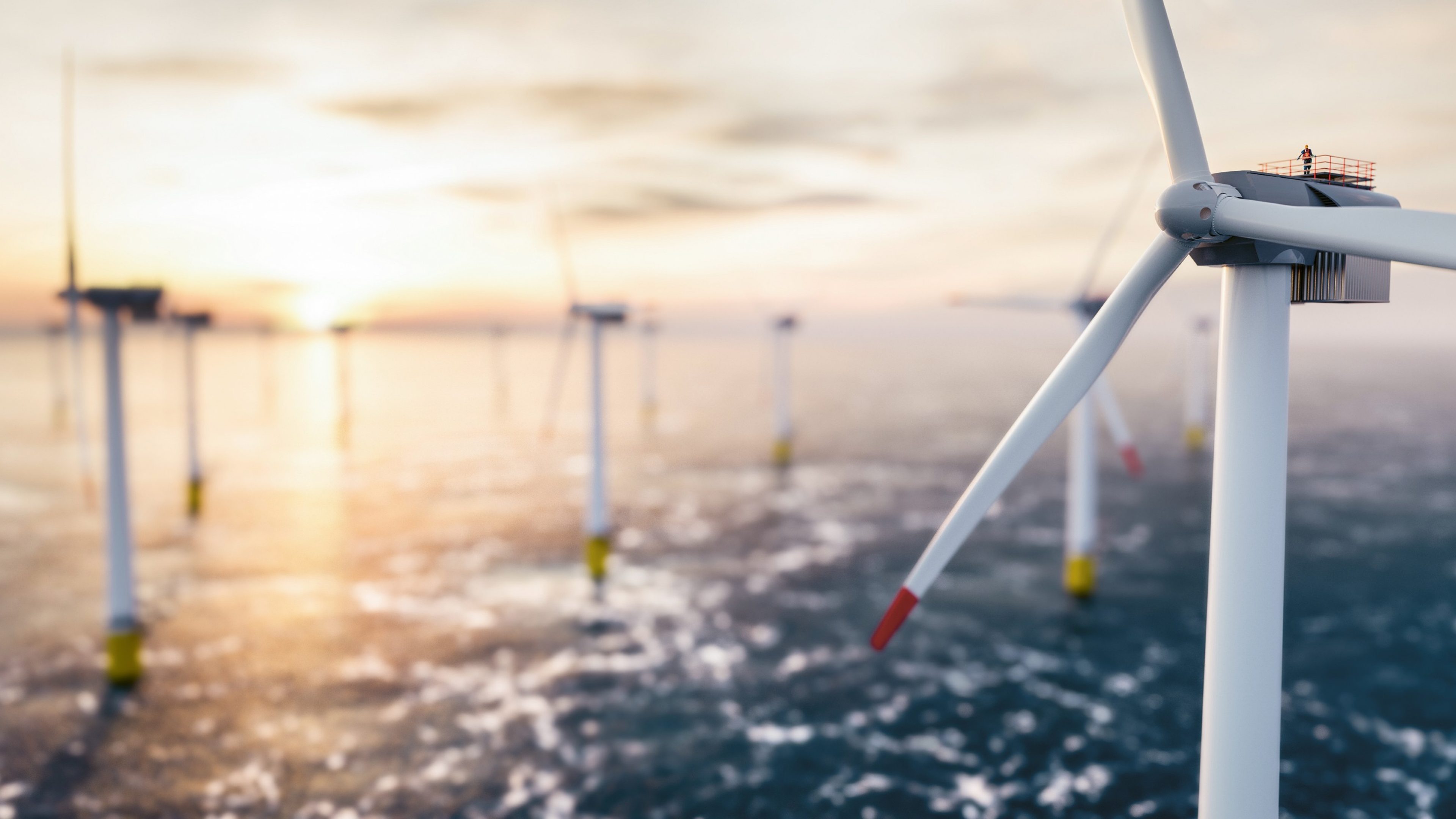 Éoliennes se dressant dans la mer au coucher du soleil.