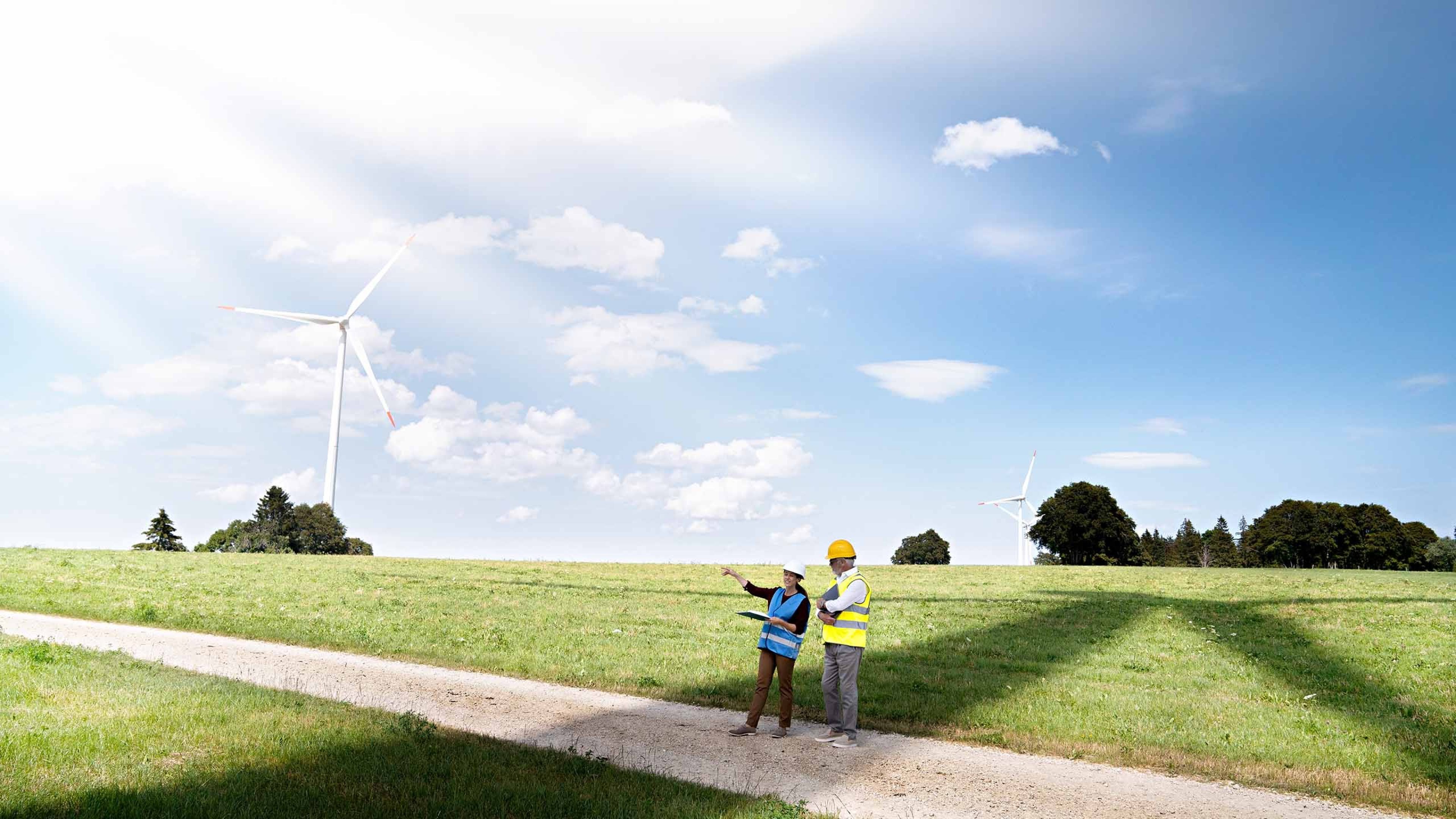Un champ où deux personnes portant des gilets haute visibilité et des casques planifient les nouvelles éoliennes.