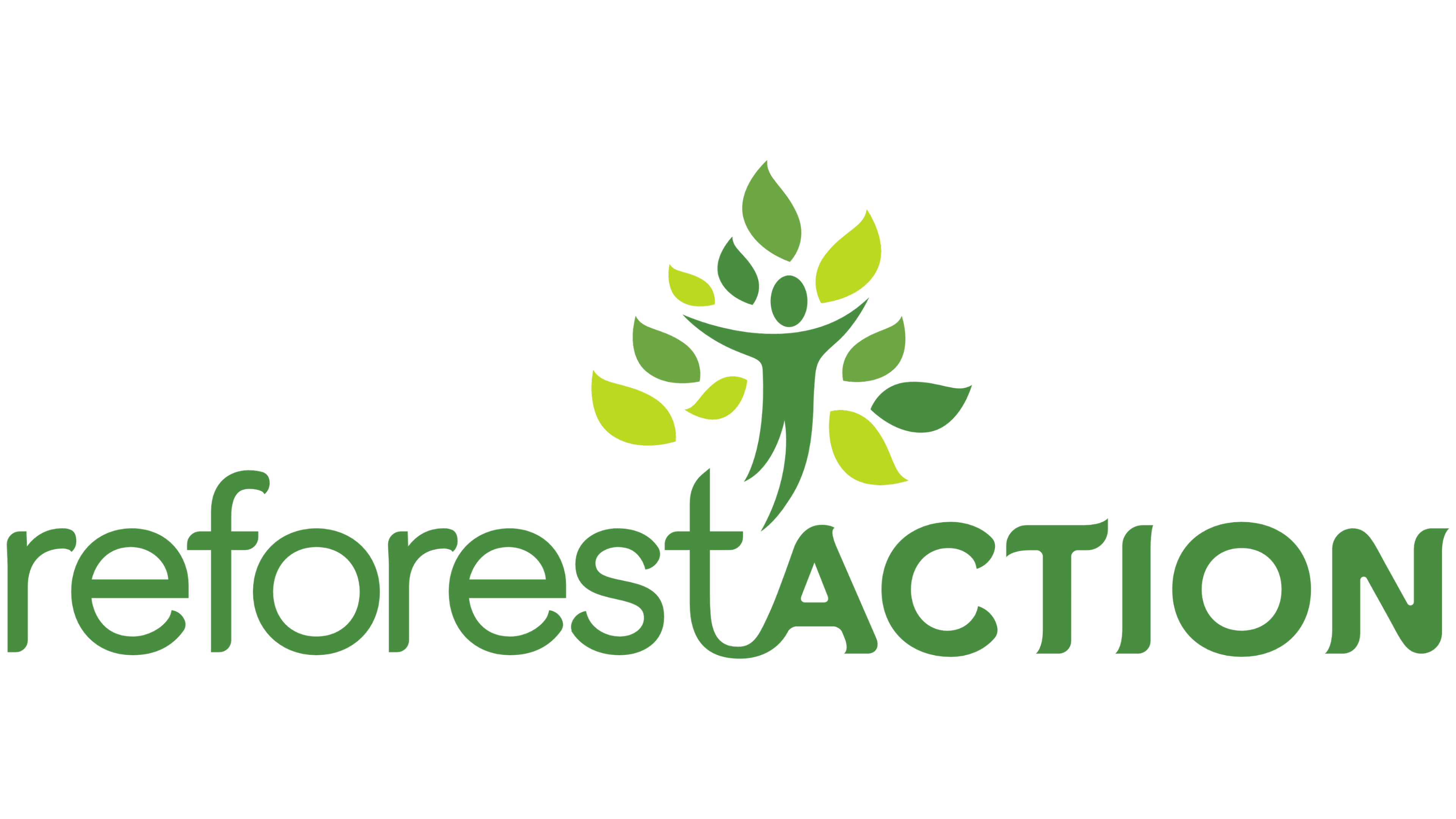 Logo de Reforest'Action représentant une silhouette humaine dont les bras se transforment en branches feuillues, symbole de la reforestation.