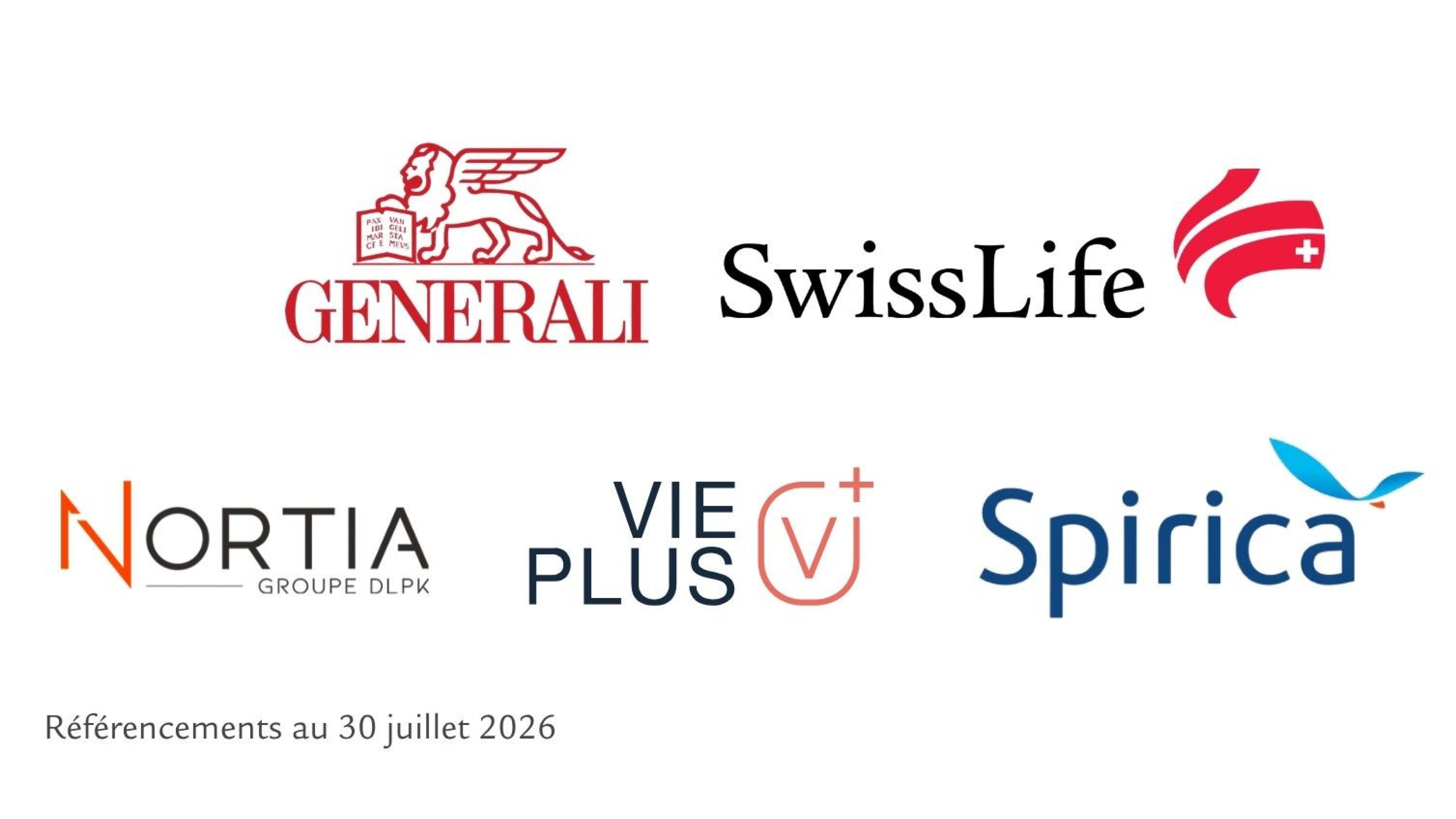 Logos de partenaires distribuant le fonds, dont Swiss Life, Vie Plus, Generali,Nortia,Spirica