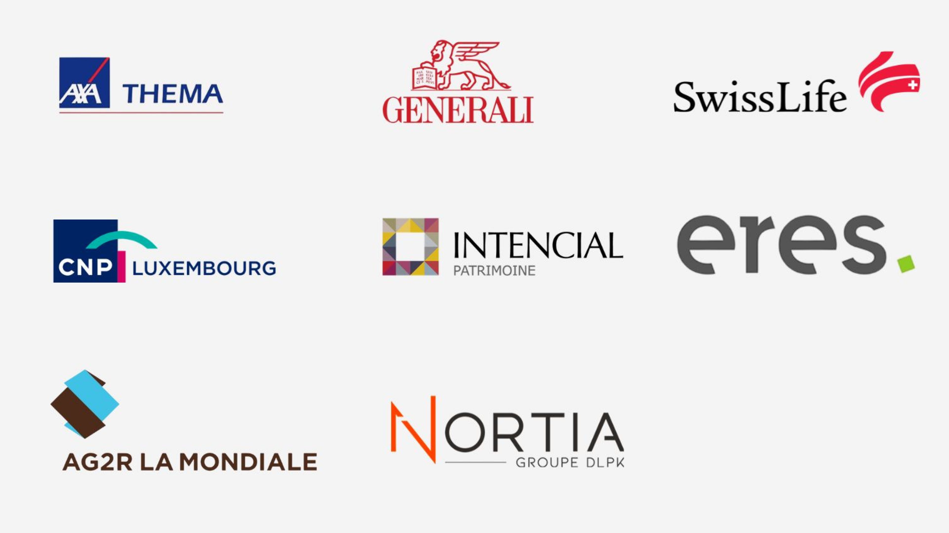 Logos de partenaires distribuant le fonds, dont Intencial, Cardif BNP Paribas, Spirica, UAF Life Patrimoine, Swiss Life, AXA, Nortia, CNP Luxembourg et Generali