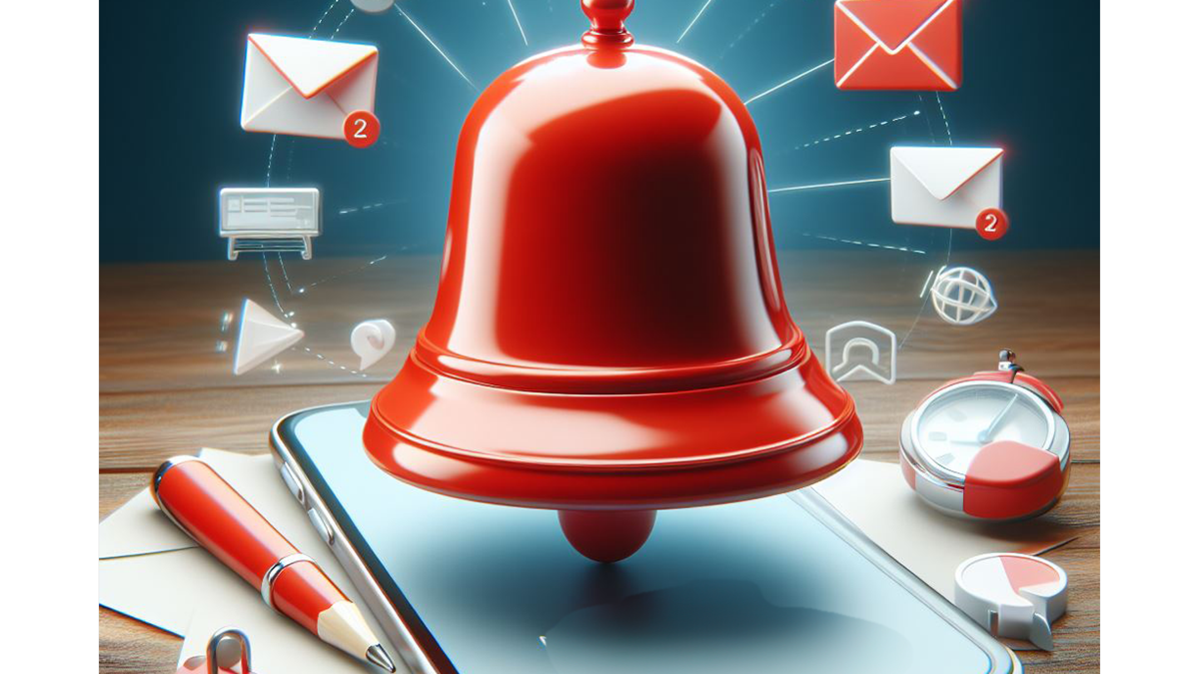 Illustration 3D d'une cloche de notification rouge stylisée entourée d'enveloppes de courrier, symbolisant l'abonnement à la newsletter Pierre Capitale sur un smartphone.