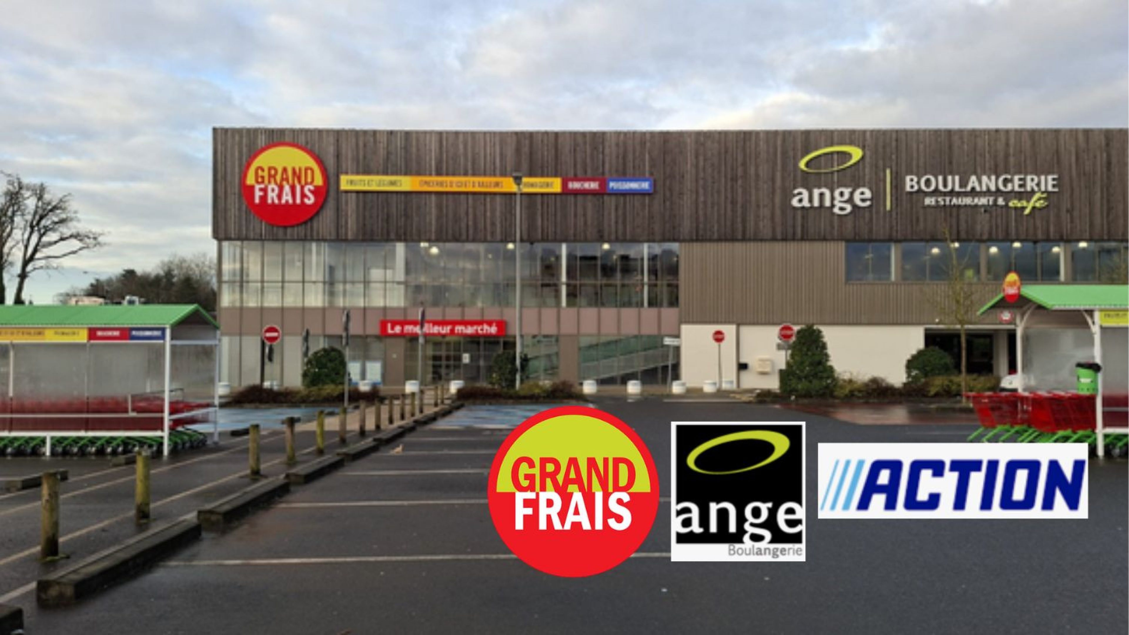 Centre commercial multi-locataires dans l'agglomération nantaise avec les enseignes Grand Frais, Boulangerie Ange et Action.