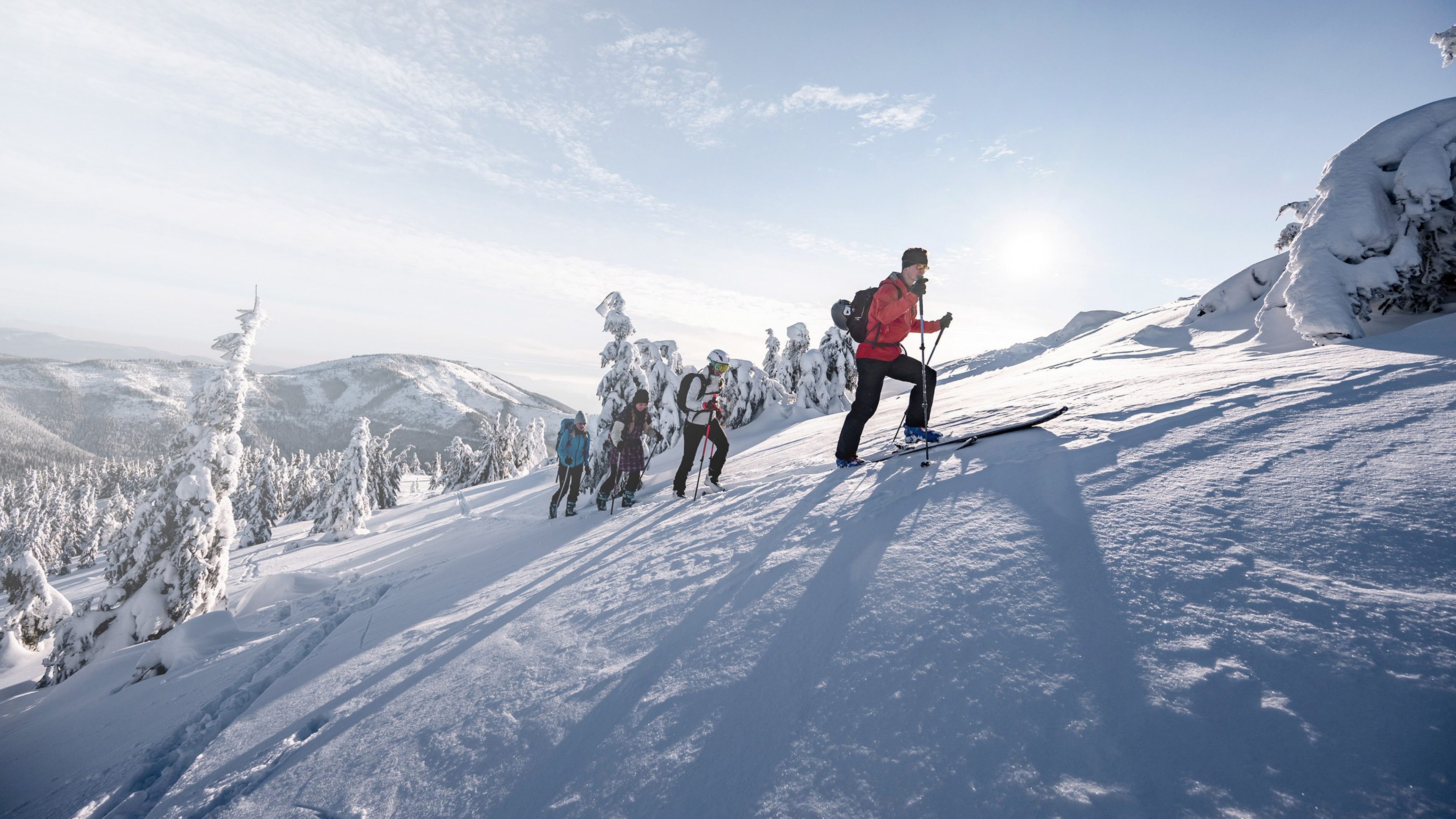 Un groupe de skieurs de randonnée gravissant une pente enneigée sous un soleil d'hiver, symbolisant l'effort collectif, la stratégie de long terme et l'ascension vers des objectifs financiers.