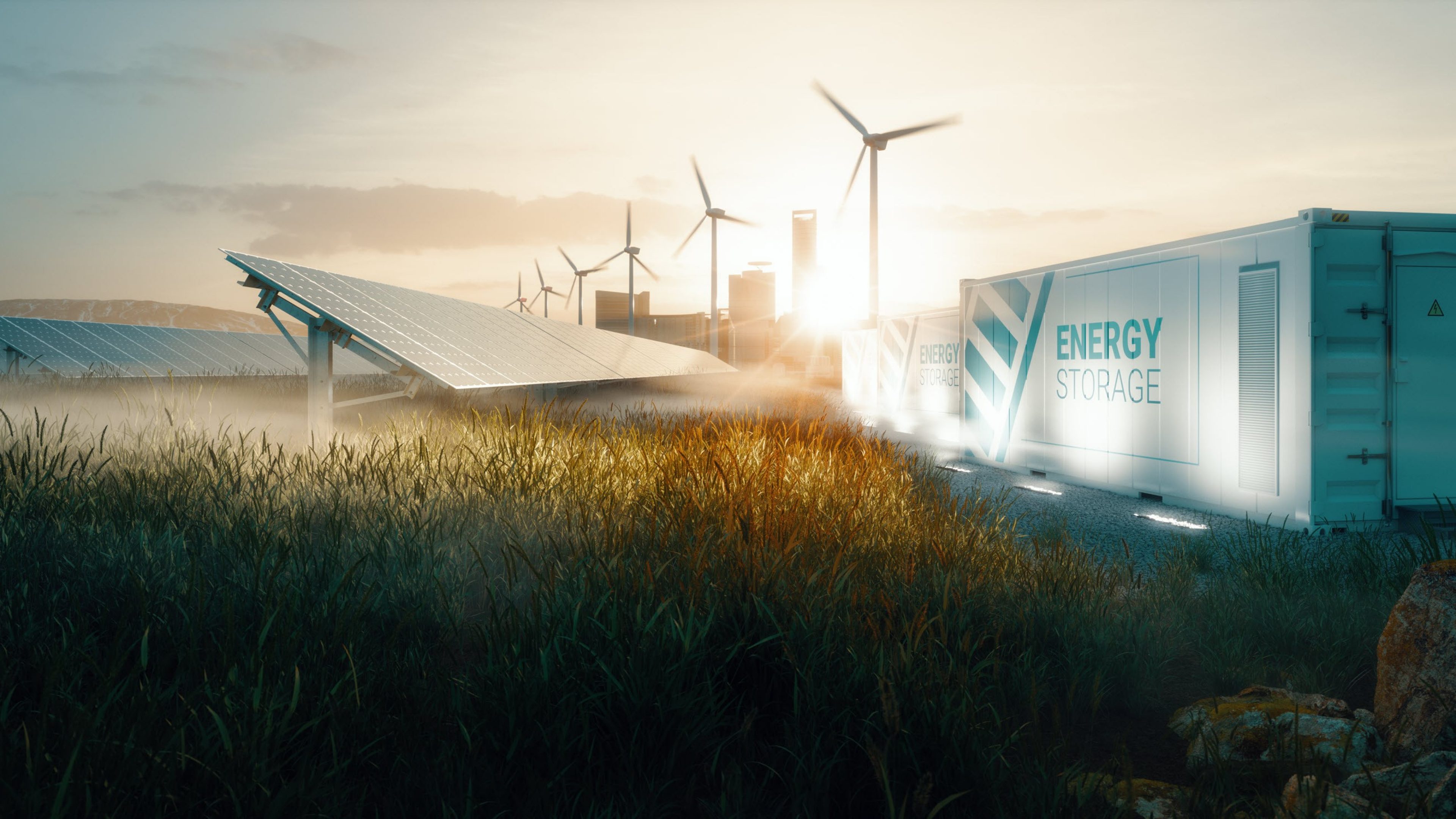 Le système de réseau intelligent d'énergie renouvelable pour les futures villes intelligentes au coucher du soleil. Rendu 3d